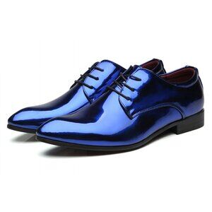 Santimon Men's US 11 Patent Leather Shiny Blue Oxford Shoes Pointed Toe Lace Up